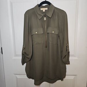 Michael Kors Safari Green Blouse Gold-tone Hardware and Half Zipper Medium